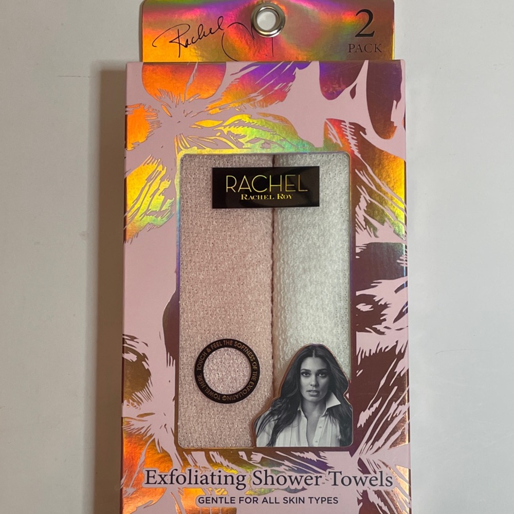 ⭐️NEW IN BOX RACHEL ROY Set of 2 Pink & White Exfoliating Towels | Celeb Shower